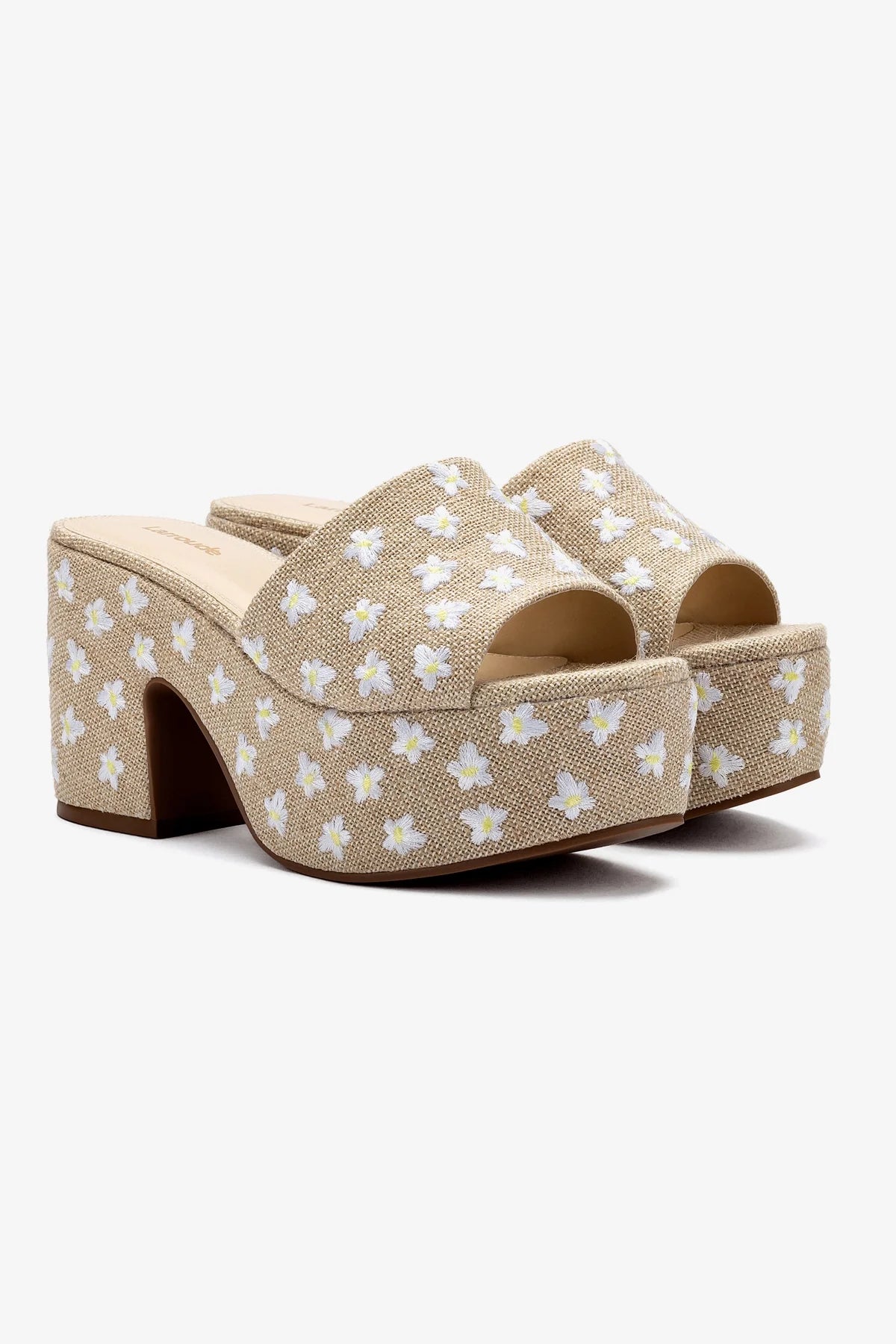 Mule Plataforma Miso Linho Natural com Bordado Floral