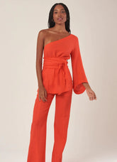 Calça de linho laranja-urucum Gisela