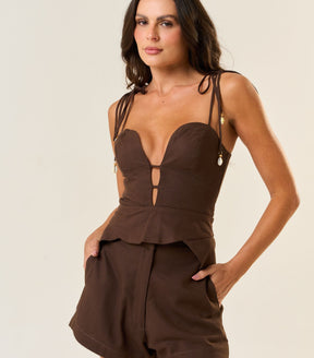 Top de linho marrom-café Rubia