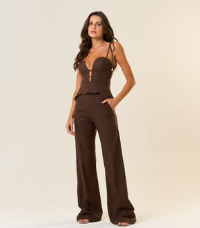 Top de linho marrom-café Rubia