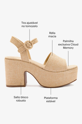 Sandália Plataforma Miso Ráfia Bege e Couro Bege