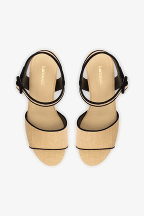 Sandália Plataforma Miso Ráfia Bege e Camurça Preto