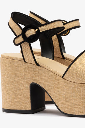 Sandália Plataforma Miso Ráfia Bege e Camurça Preto