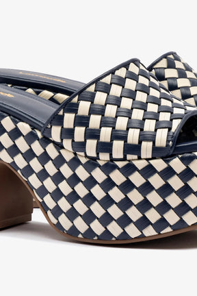 Mule Plataforma Miso Couro Azul e Couro Off White