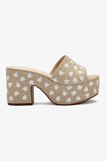Mule Plataforma Miso Linho Natural com Bordado Floral