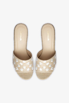 Mule Plataforma Miso Linho Natural com Bordado Floral