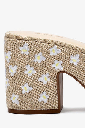 Mule Plataforma Miso Linho Natural com Bordado Floral