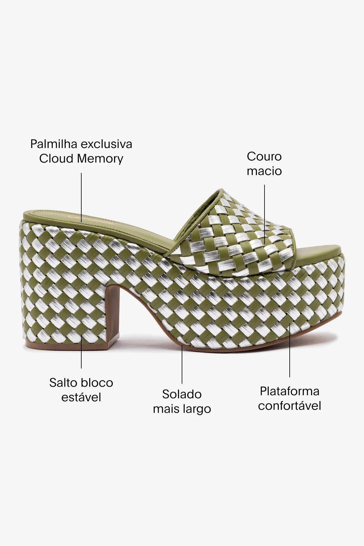 Mule Plataforma Miso Couro Verde e Couro Prateado