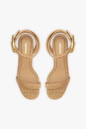 Sandália Salto Bloco Verona Ráfia Natural e Couro Bege