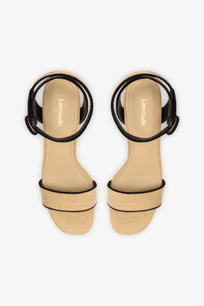 Sandália Plataforma Dolly Low Ráfia Bege e Camurça Preto