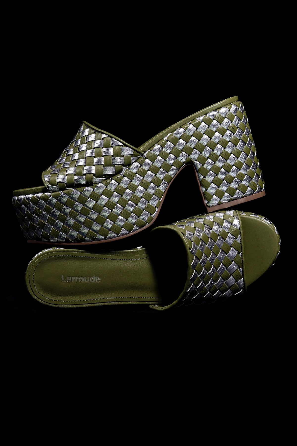 Mule Plataforma Miso Couro Verde e Couro Prateado